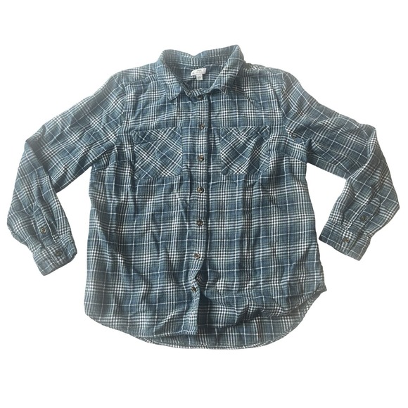 dip Tops - dip Women's Size L Blue White Plaid Button Up 100% Organic Cotton Long Sleeve